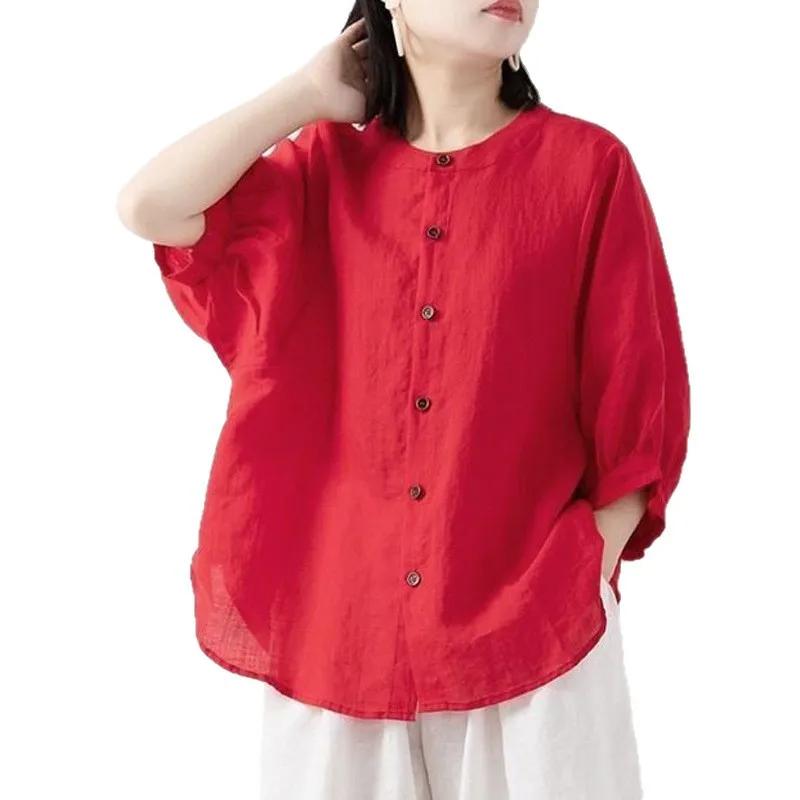 Chemise en coton et lin pour femmes, haut fin, couleur unie, manches lanternes, col montant, ample,