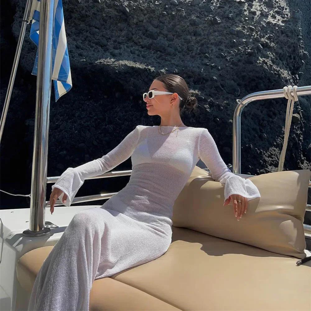 Robe enveloppée en maille pour femmes, manches longues, col rond, transparente, protection solaire,