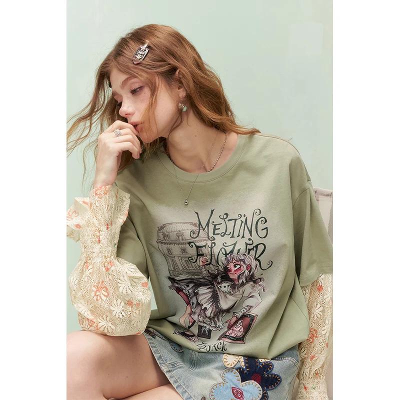 ELFSACK T-shirt faux deux pièces pour femme, haut à manches longues en dentelle avec ourlet à volant