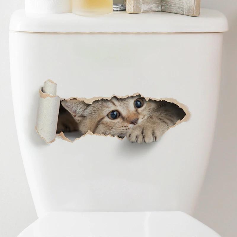 Autocollant de toilette chaton déchiré, effet 3D, pour siège de toilette de salle de bains, autocoll