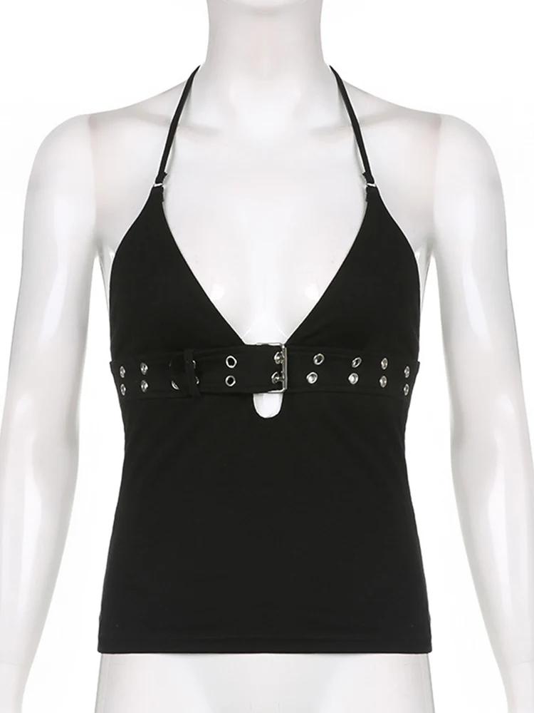 Haut court bandage à lacets pour femme, haut dos nu noir, mini glaPunk, sweats rétro basiques, migno