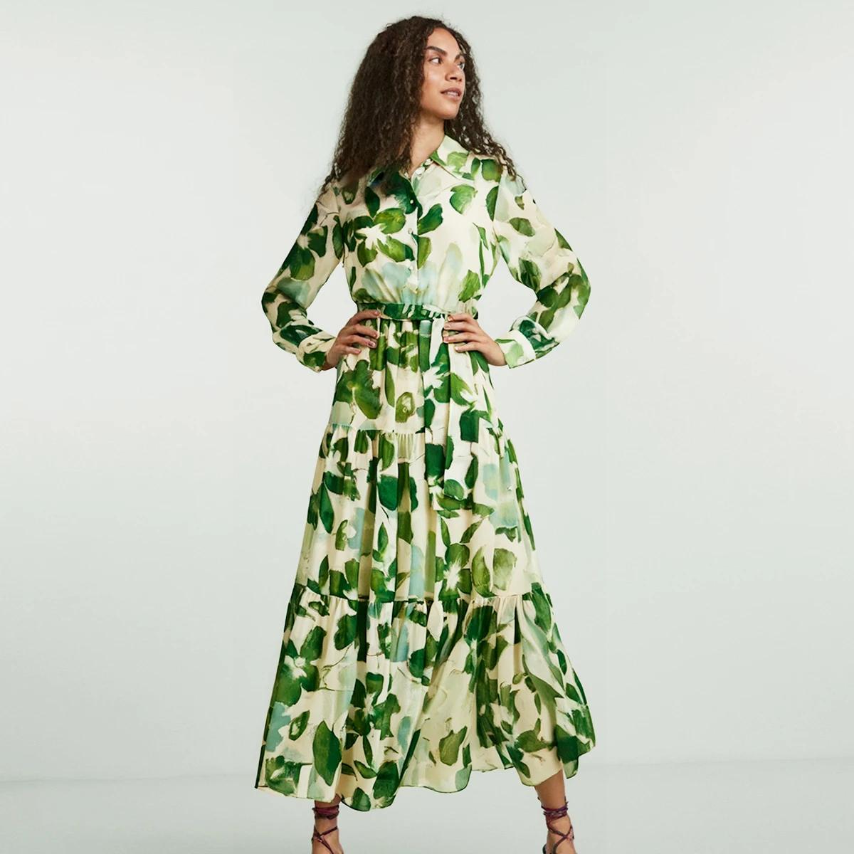 CHCH robe femme 2025 printemps nouveau col à manches longues fleur verte vacances
