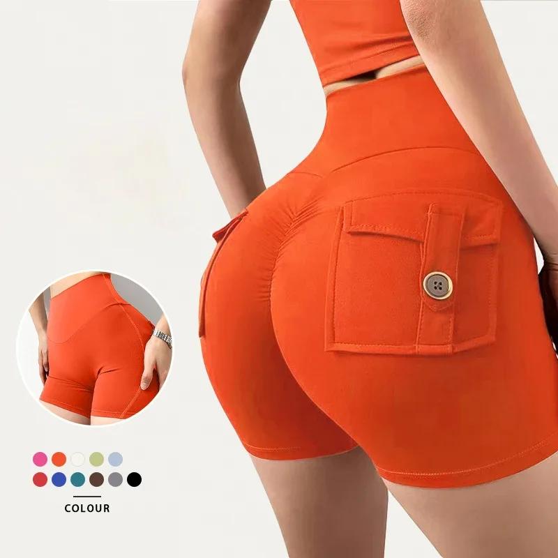 Shorts yoga femmes leggings froissés poches - Taille haute push-up sport sexy fitness running