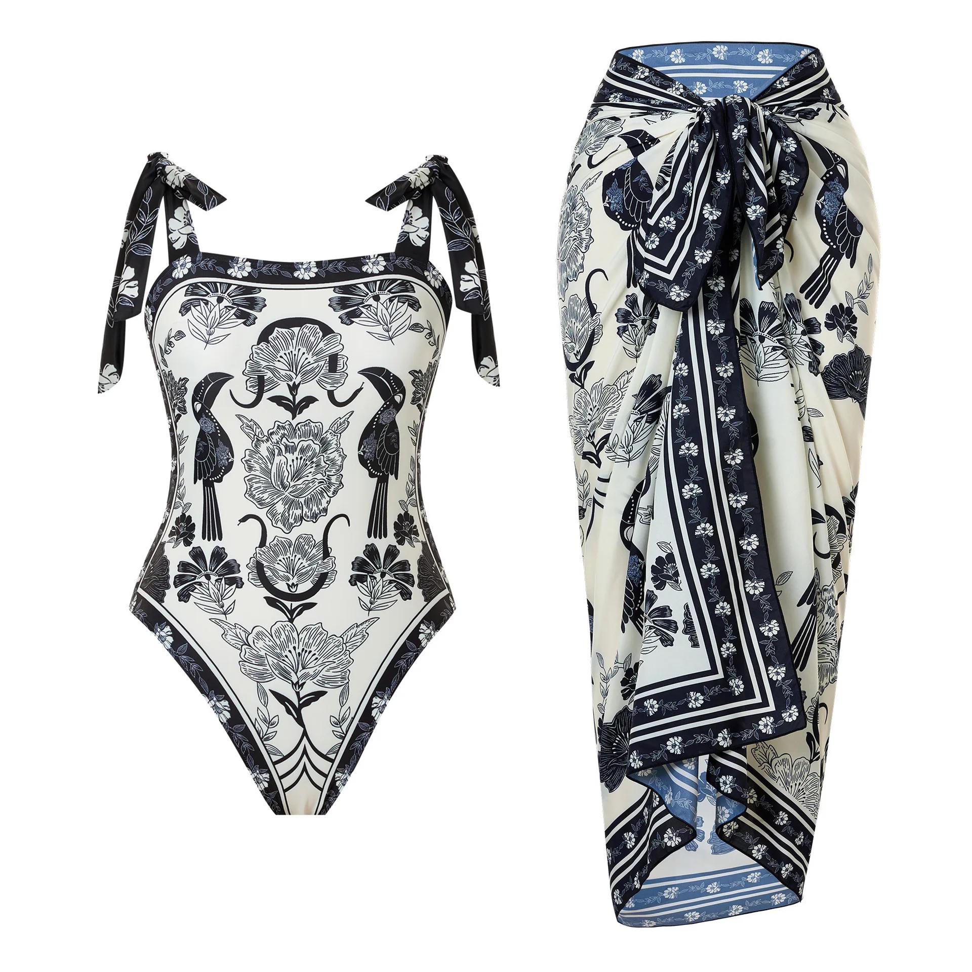 Maillot de bain une pièce imprimé pour femme 2026 avec jupe de plage – Tenue de bain estivale