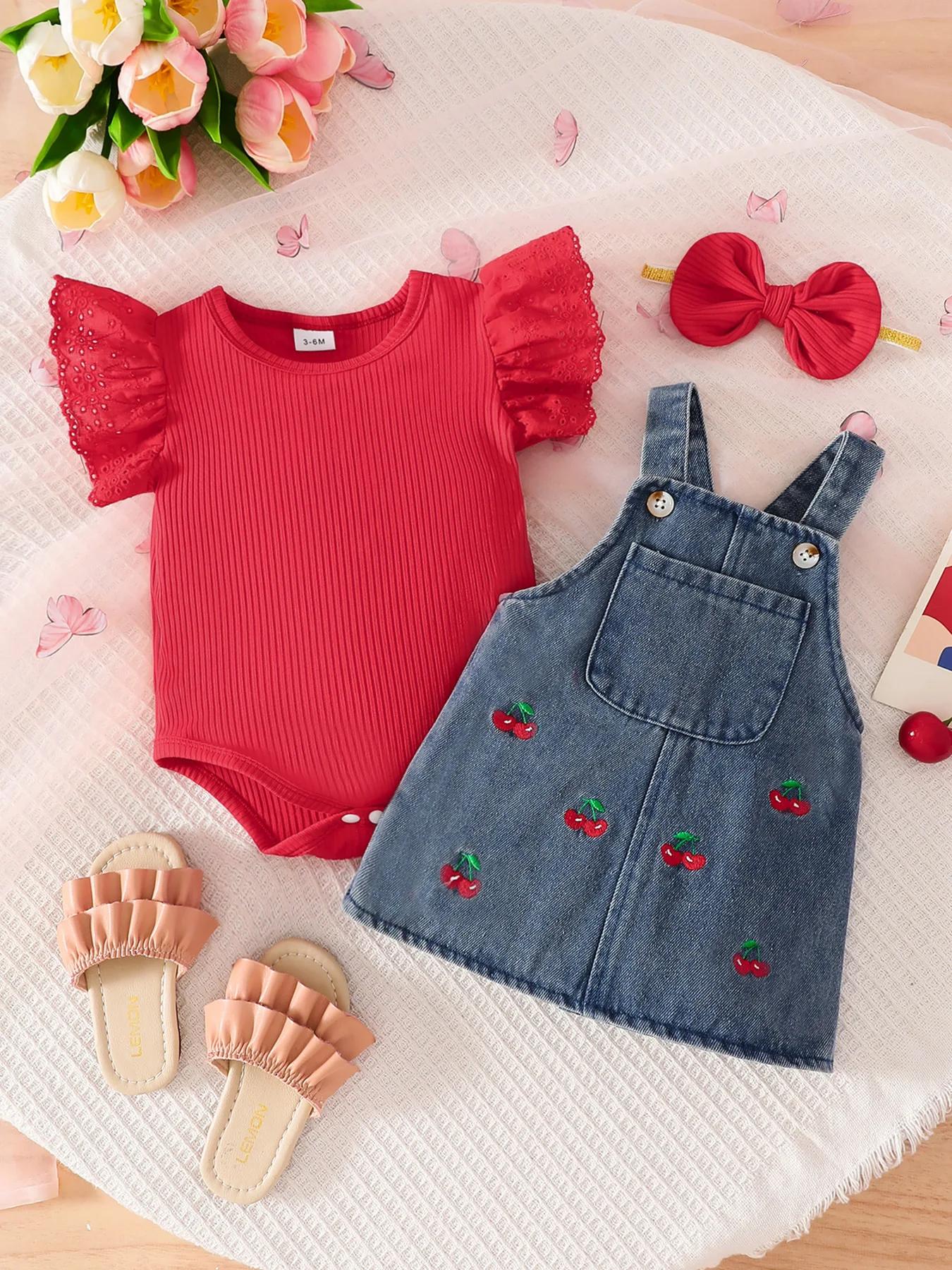 Ensemble Salopette en Jean Brodé Cerises pour Bébé Fille, Combinaison à Manches en Dentelle Creuse,