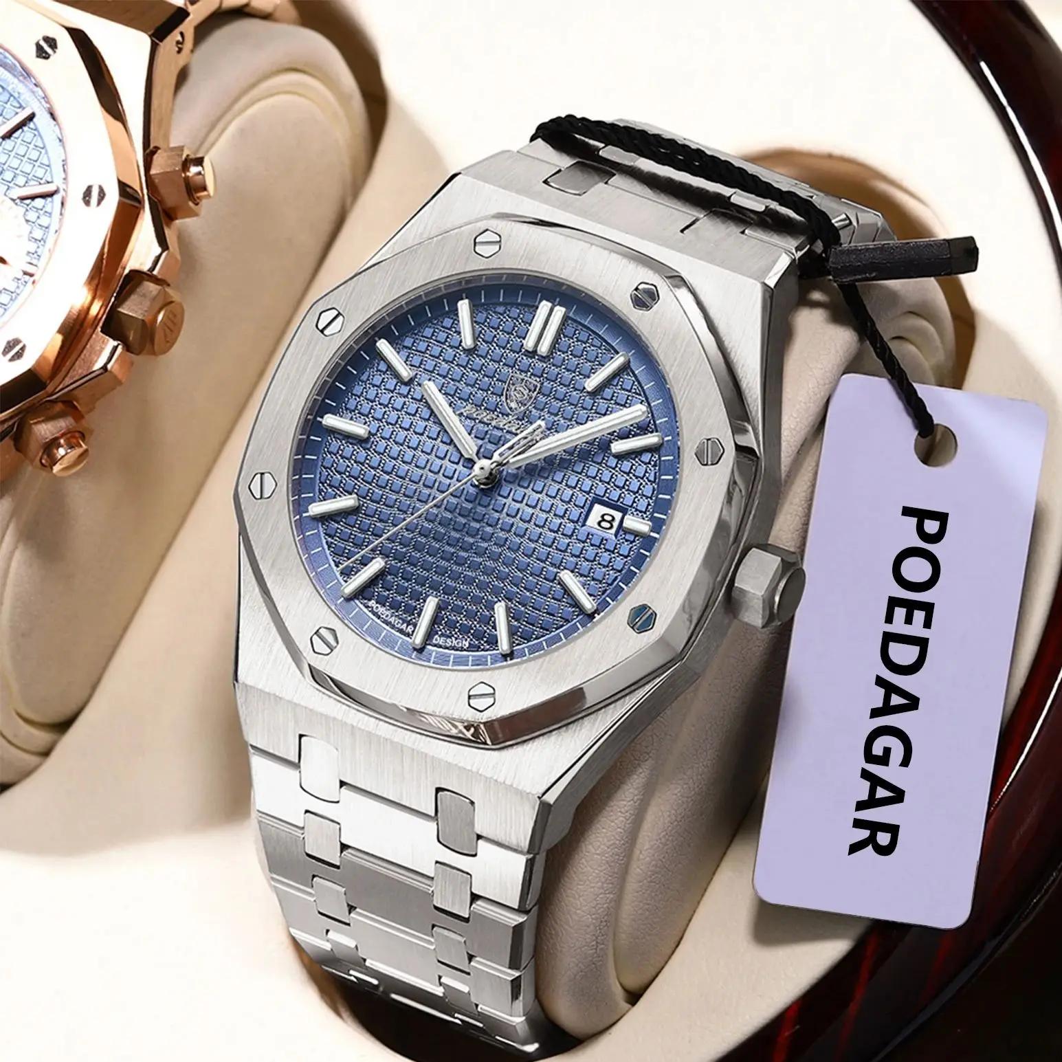 POEDAGAR Original luxe homme montre Date lumineux étanche en acier inoxydable hommes montre-bracelet