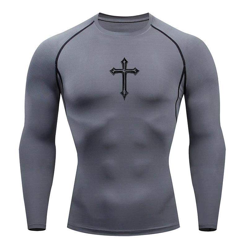 Chemise de compression à imprimé croisé pour hommes, t-shirt athlétique chrétien, hauts d'entraîneme