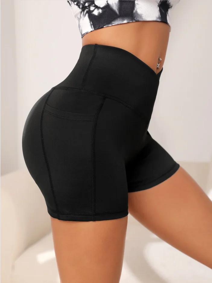Short motard yoga taille haute femme - Pantalon fitness avec poche croisée pour entraînement