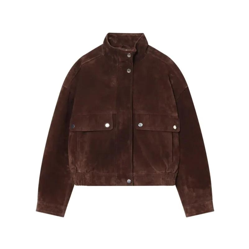 Femmes veste en cuir suédé avec poches automne mode col haut à manches longues bouton veste dame man