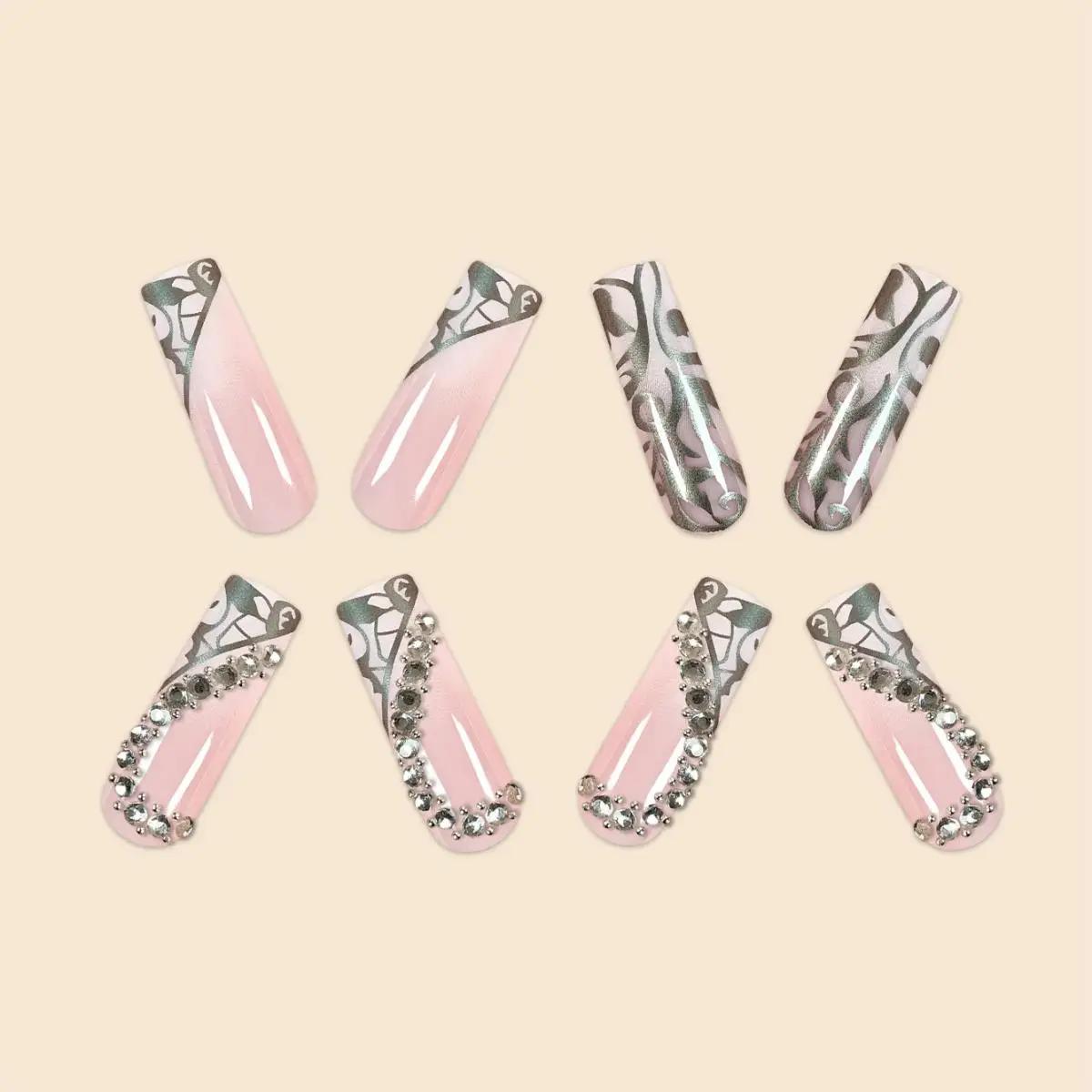 Faux ongles de luxe pour femmes, Super longs, carrés, français, argent, vigne, Patchwork, diamant, c