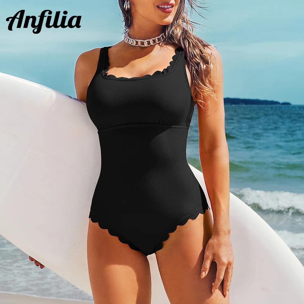 Anfilia femmes une pièce maillots de bain Sexy col en U couleur unie mode Monokini Push Up maillots