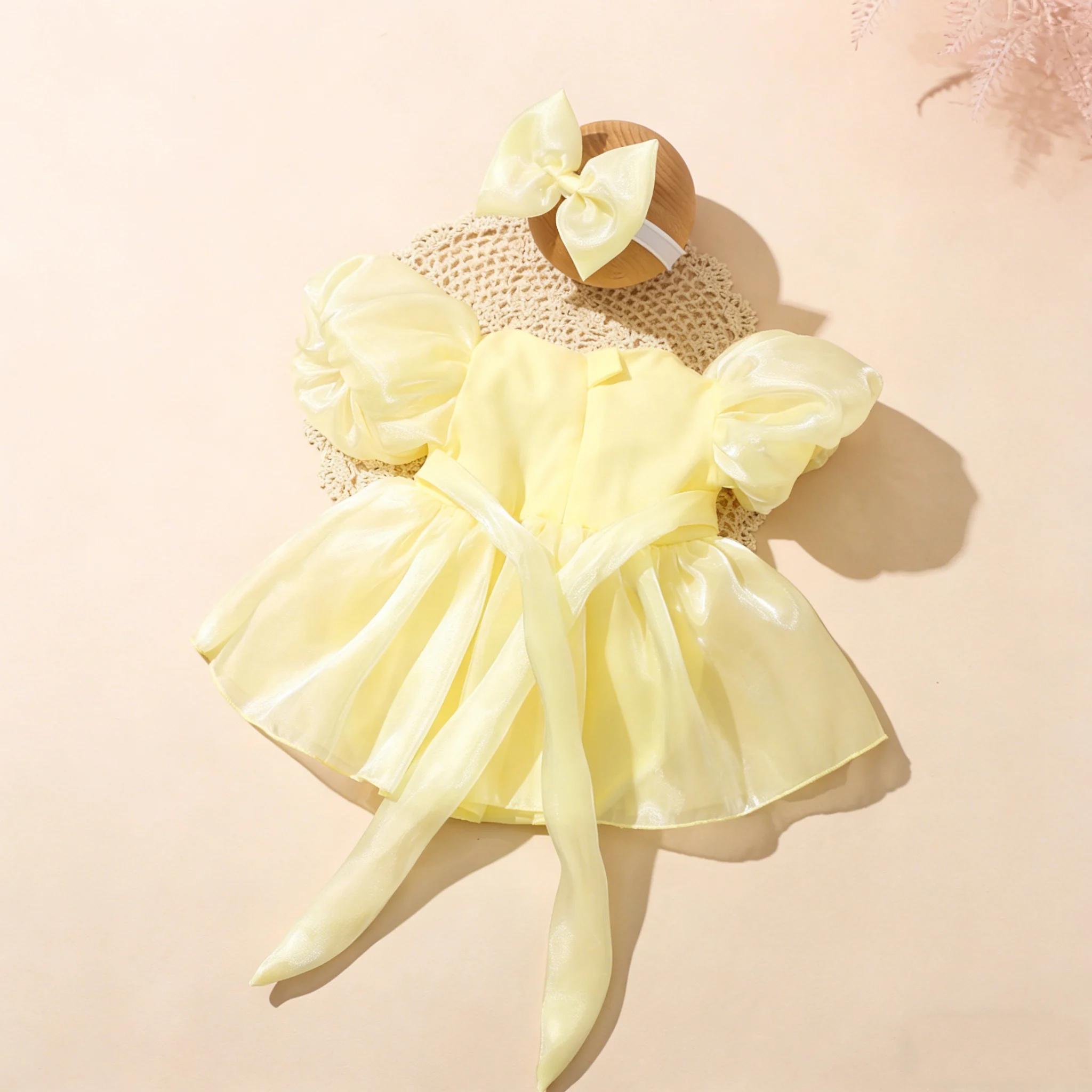 Nouvelle Collection Été : Robe en Tulle à Manches Bouffantes pour Nouveau-né avec Bandeau, Barboteus