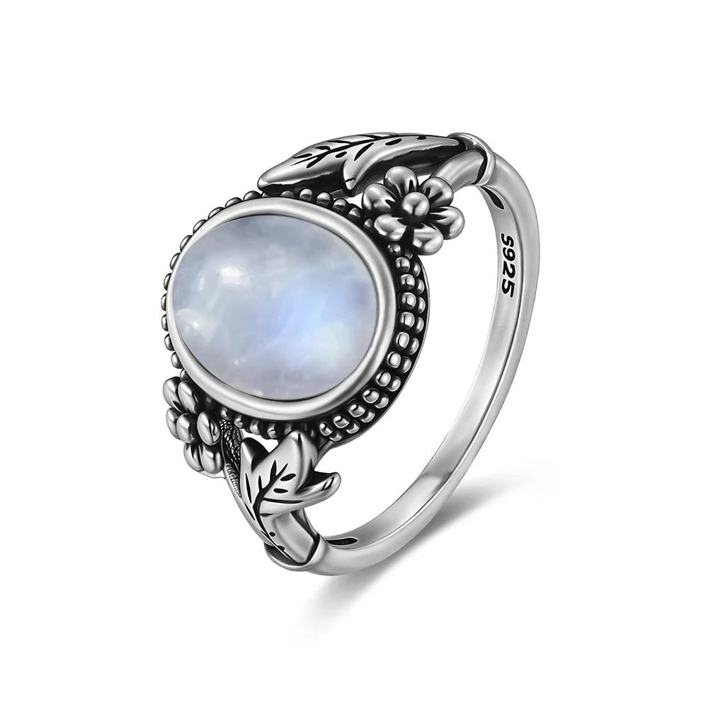 Bague Vintage en argent 925, pierre de lune naturelle, fleur, forme d'oeil creux, ronde, soleil et l