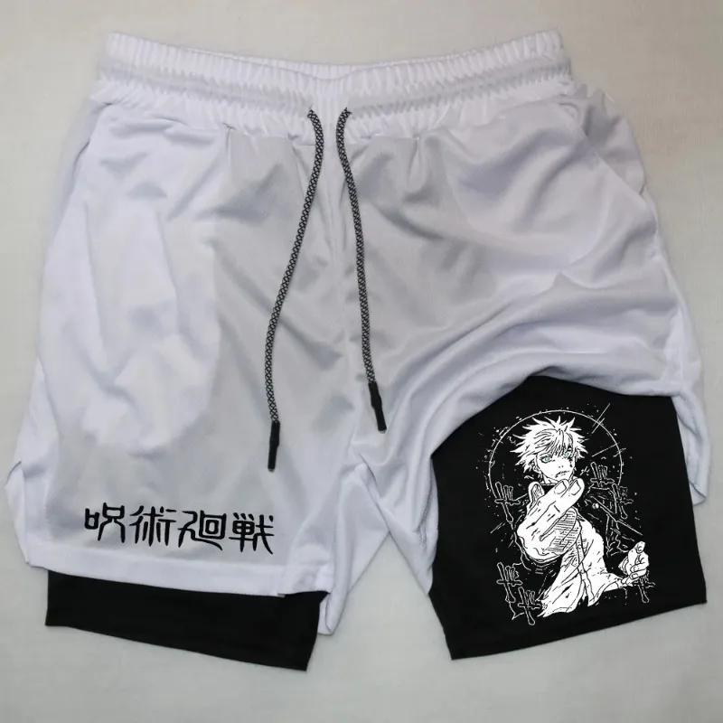 Short de compression 2-en-1 pour hommes, idéal pour la gym, la course et l'athlétisme, motif Anime J