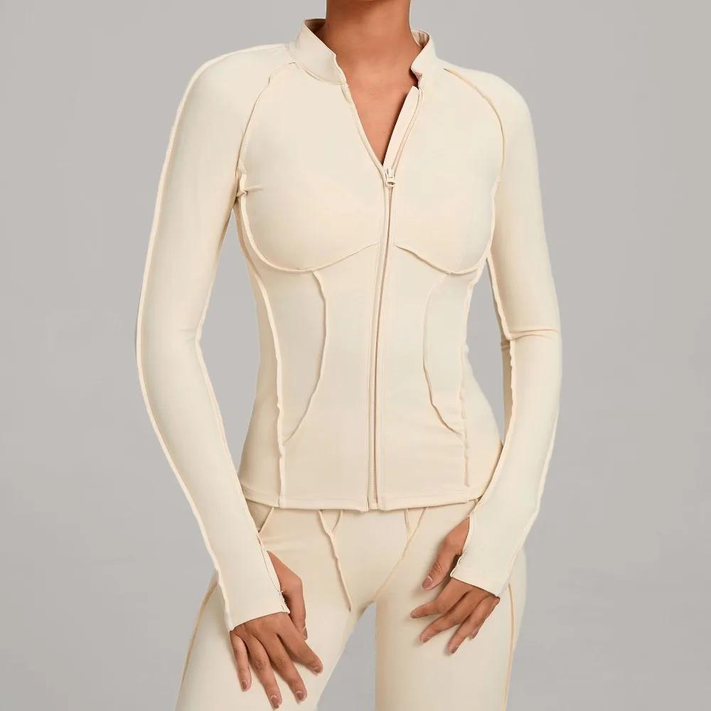 Veste de Yoga à manches longues et fermeture éclair pour femme, col montant, moulante, séchage rapid
