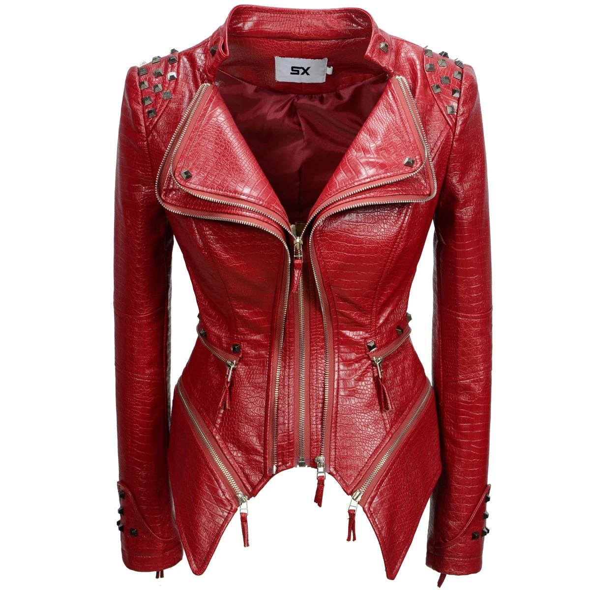 Mode SX femmes Crocodile Rivet PU veste forme parfaite moto vélo veste