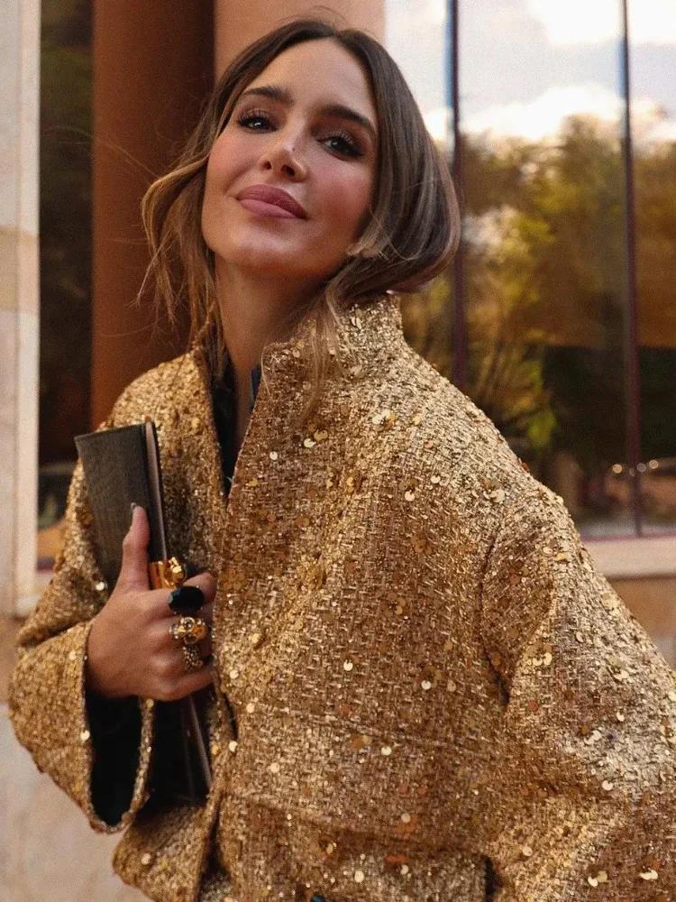 Blouson Bombardier à Paillettes pour Femme, Col Rond, Manches sulf, Poche, Ourlet Commandé, Manteau