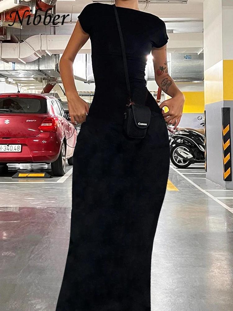 Nibber-Robe longue à manches courtes et dos nu pour femme, vêtement de couleur unie, sexy, élégant,