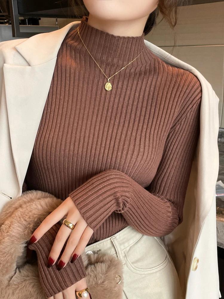 Pulls en maille unie slim chic pour femme, col roulé, manches longues, décontractés, chauds, basique