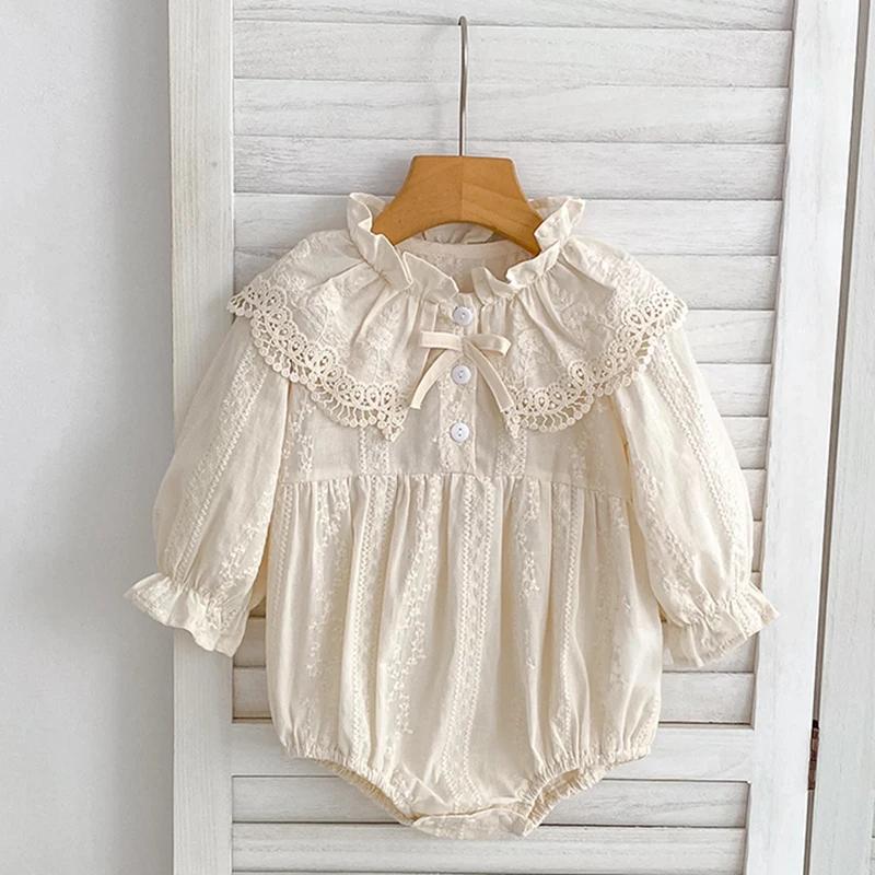 Body pour nouveau-né de 0 à 2 ans, vêtements à la mode, barboteuse en dentelle, col Peter Pan, nœud