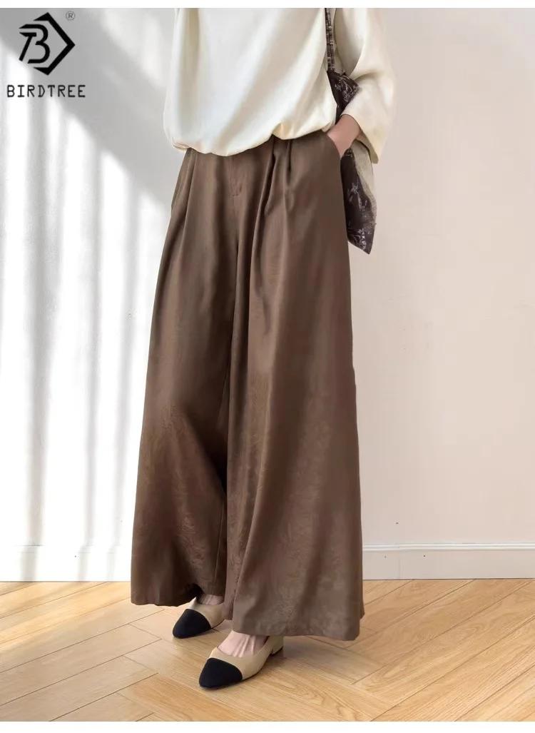 Pantalon en soie véritable 100% Birdtree 28M, pantalon large à taille élastique jacquard pour femme,