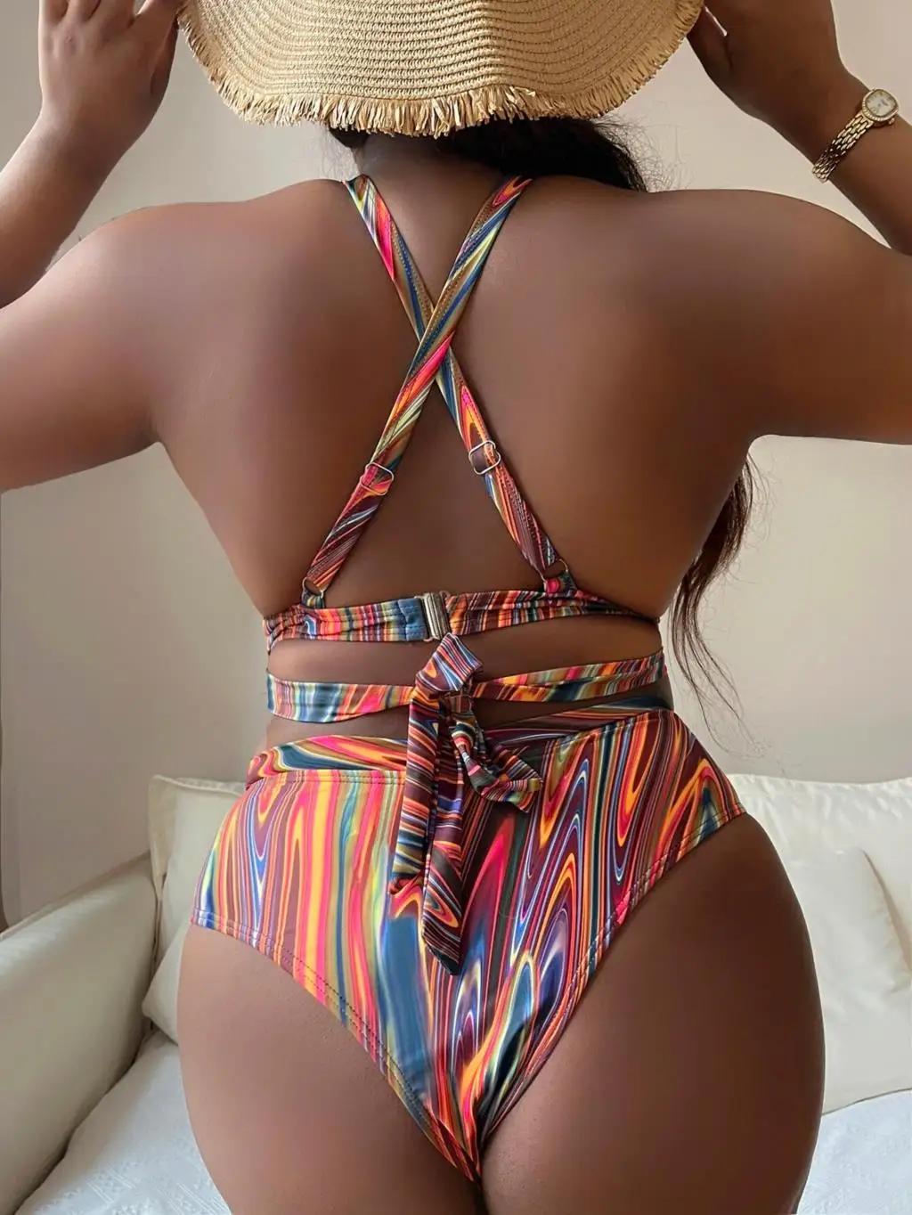 Maillot de bain push-up imprimé 2026 pour femme - Grande taille taille haute pour plage et natation