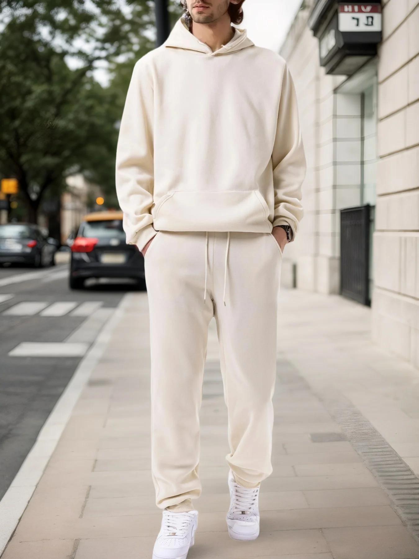 Sweat à capuche + pantalon de jogging pour hommes, couleur unie, ensemble deux pièces, à la mode, vê