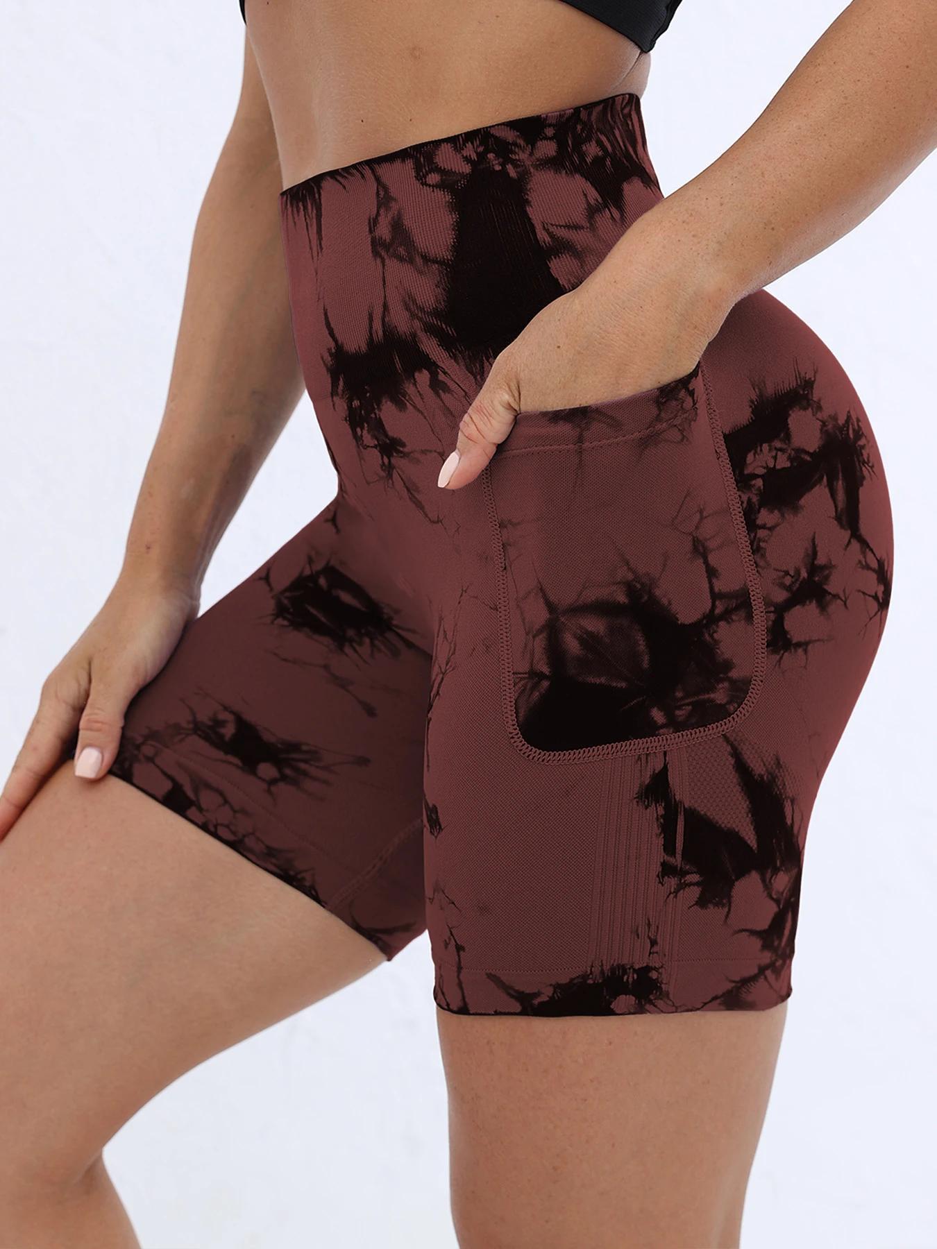 Short d'entraînement Tie Dye pour femmes avec poches, froissé, levage des fesses, taille haute, Yoga