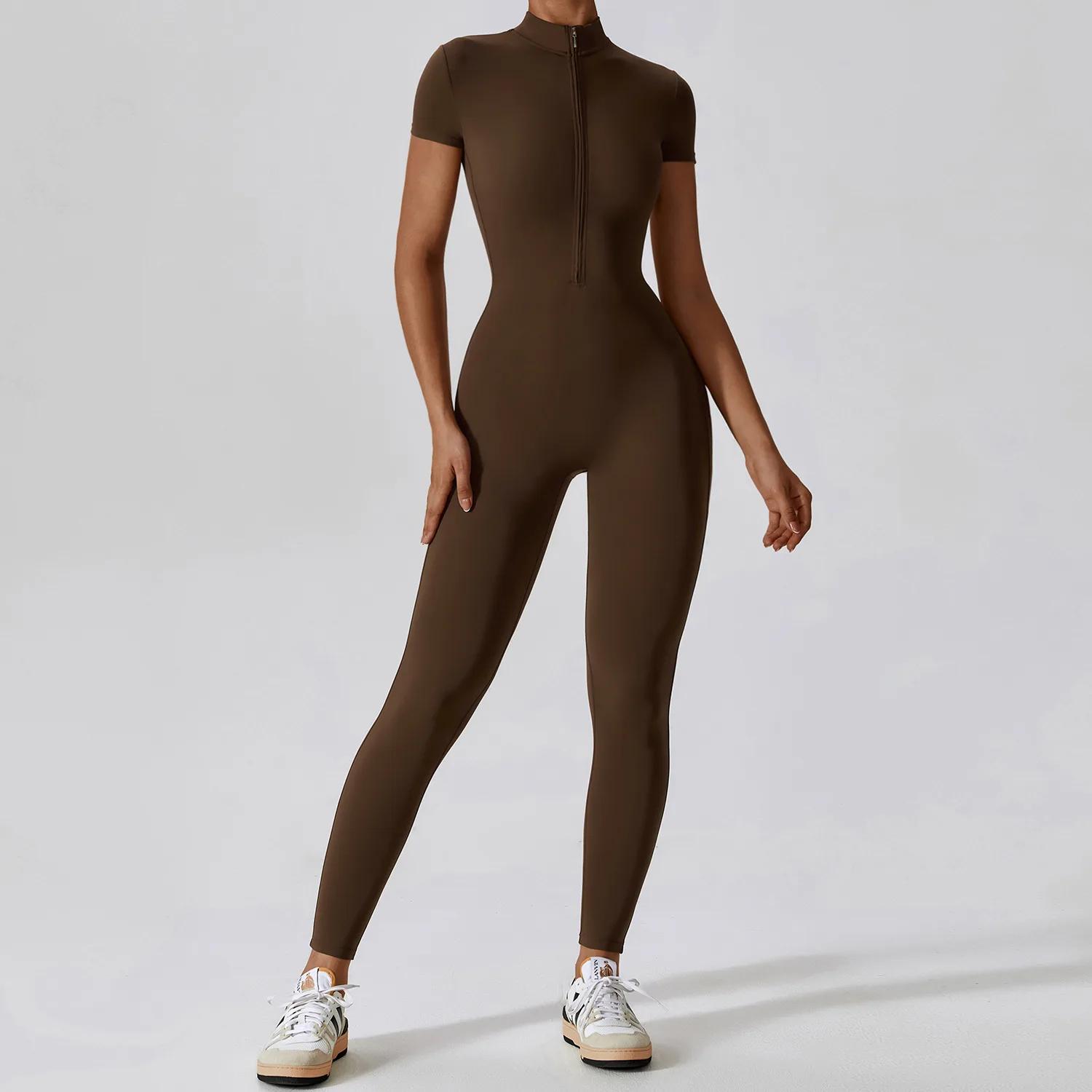 Combinaison yoga femme une pièce fermeture éclair manches courtes push up fitness