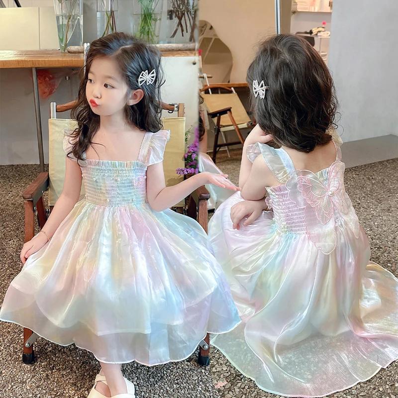 Robe princesse d'été pour filles de 1 à 8 ans, jolie robe en maille dégradée arc-en-ciel avec décora