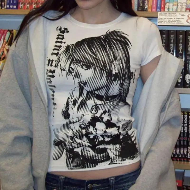 Y2k anime Streetwear col rond 90s texte impression hauts femmes Harajuku vêtements Simple Vintage T-
