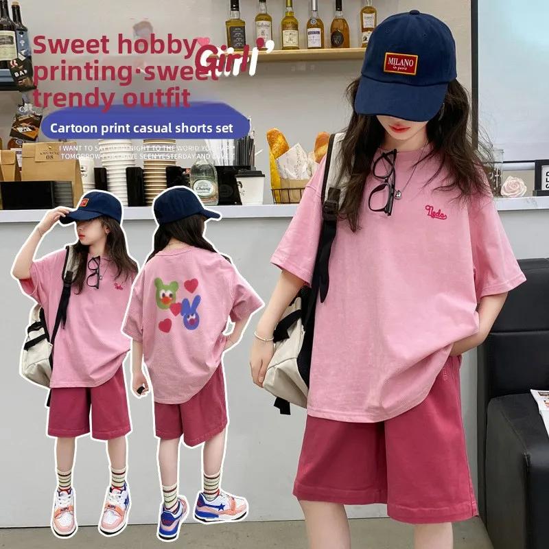 Ensemble de vêtements pour filles d'été, t-shirt en coton à imprimé alphabet + short uni, ensembles