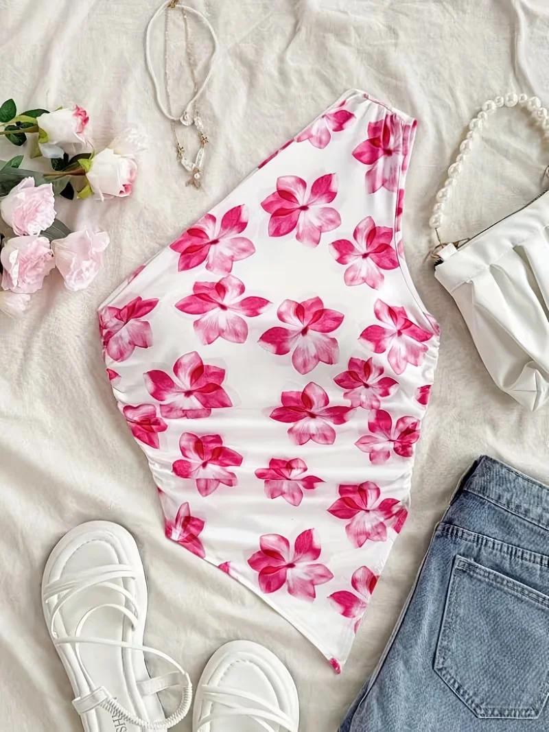 Haut court pour femme, haut court élégant à une épaule, débardeur imprimé floral, design asymétrique