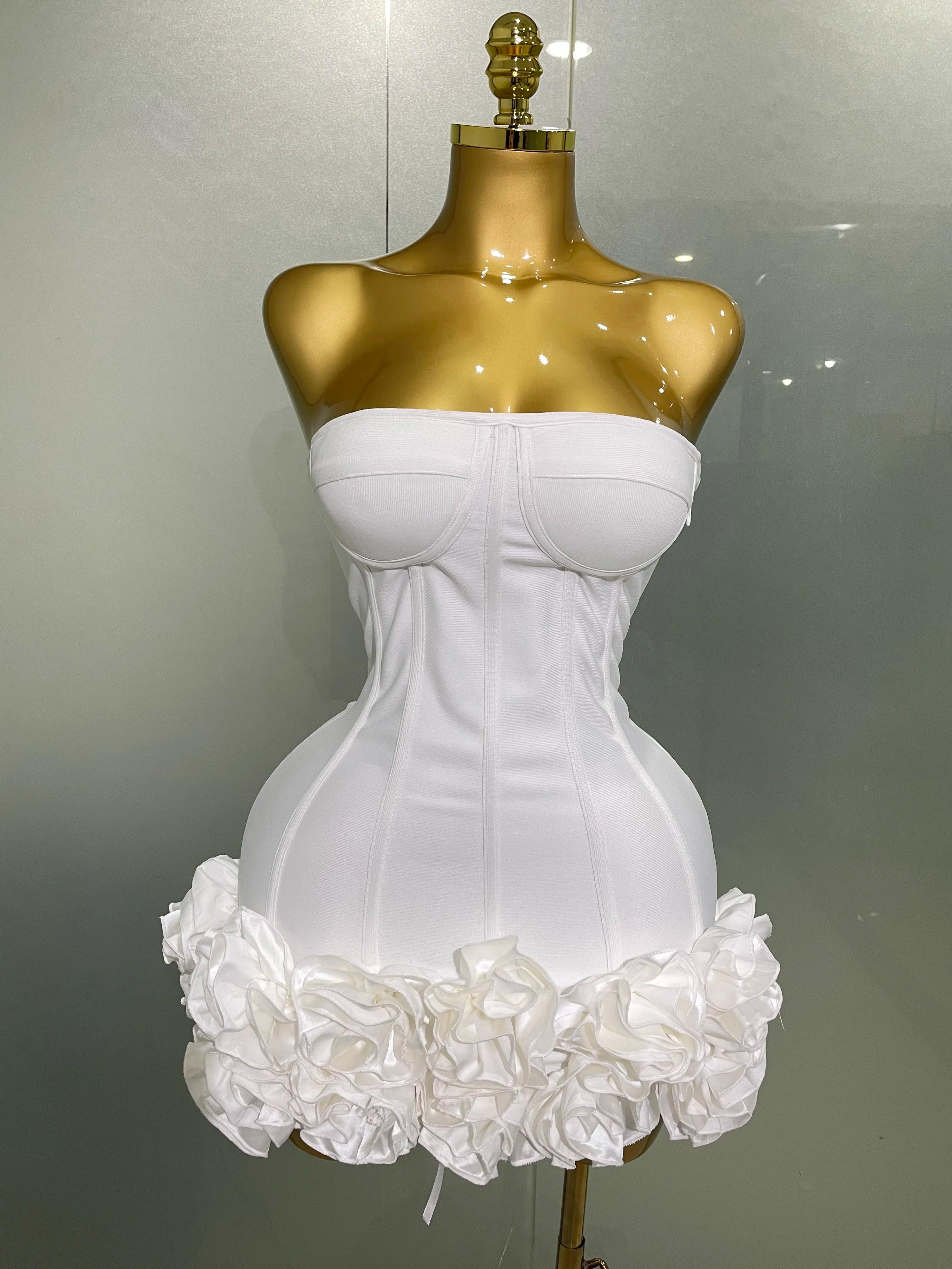 Robe de soirée à bandes pour femmes, sans bretelles, moulante, fleurs, Mini célébrité, Sexy, robes d