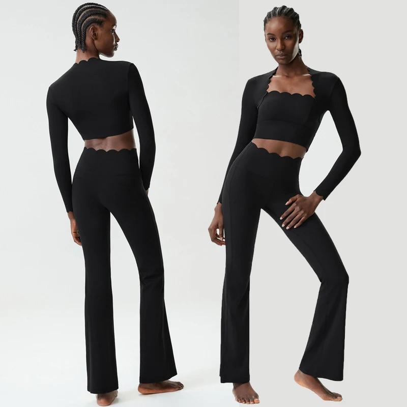 Ensemble de yoga fitness deux pièces pour femmes, couleur unie, manches longues, vêtements de sport