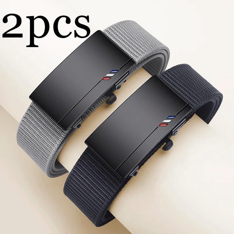 Ceinture en toile tissée pour hommes, 2 pièces, boucle automatique, ceinture décontractée, douce et
