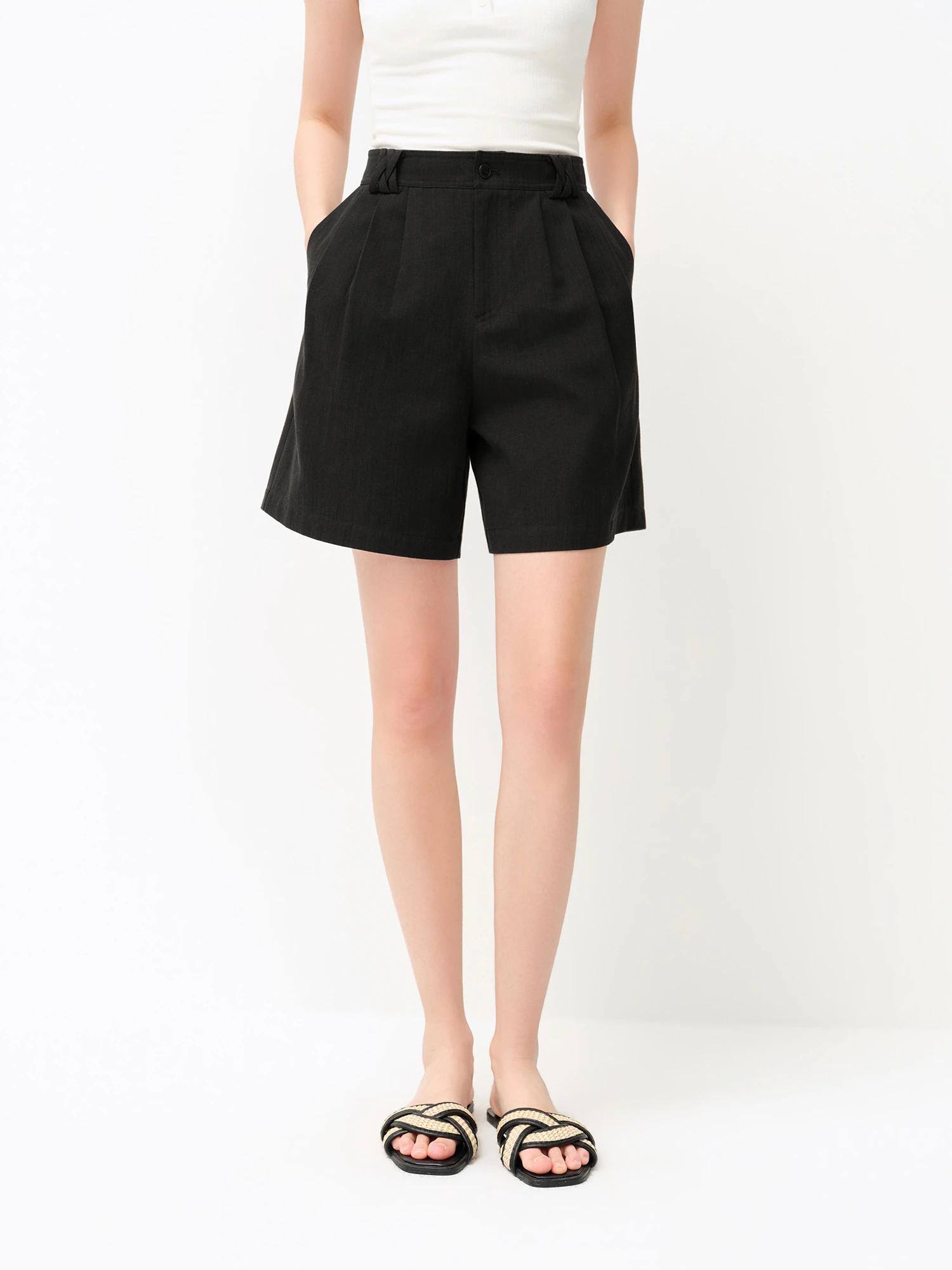 Shorts décontractés classiques en mélange de lin pour femme FSLE 2026 - Couleur unie, coupe régulièr