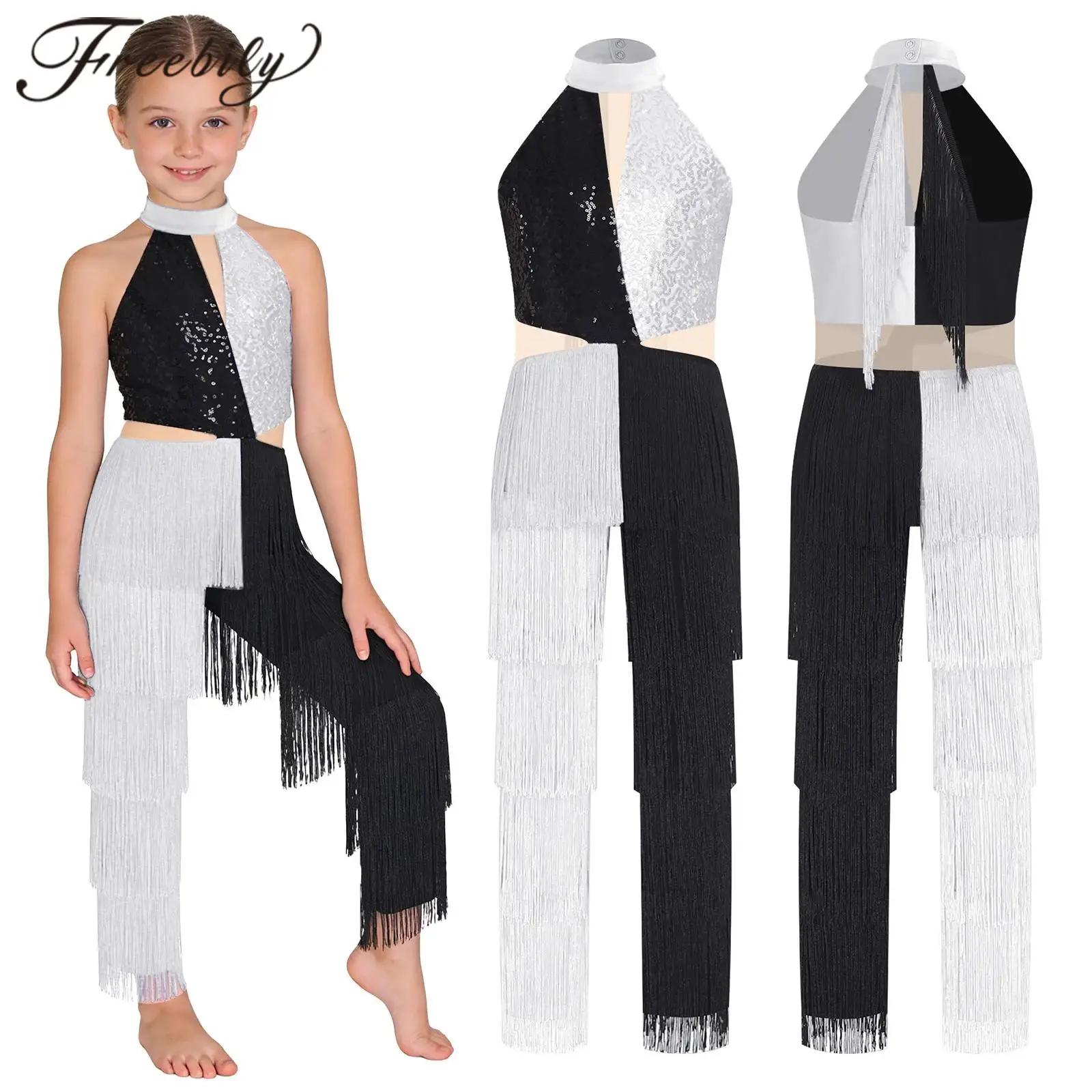 Combinaison de danse latine à paillettes pour filles, col licou, Costume Disco, body sans manches, b
