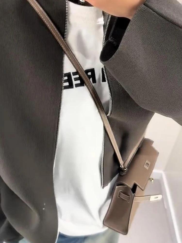 Veste courte en tricot pour femmes, col montant, fermeture éclair, manteau ample à manches longues,
