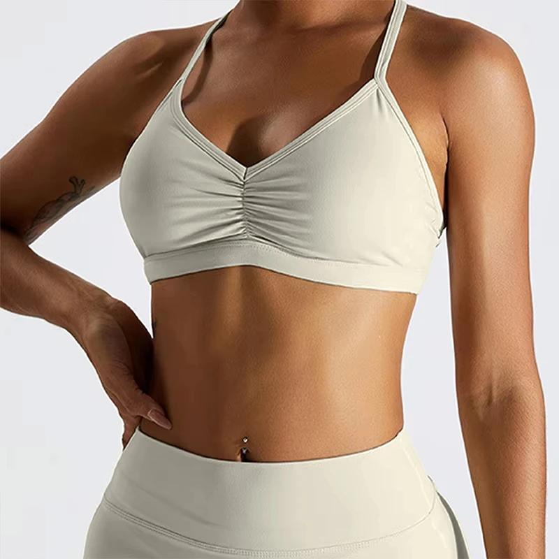 Soutien-gorge sport sexy froncé pour femme - Haut gym course dos croisé Fitness Yoga tendance
