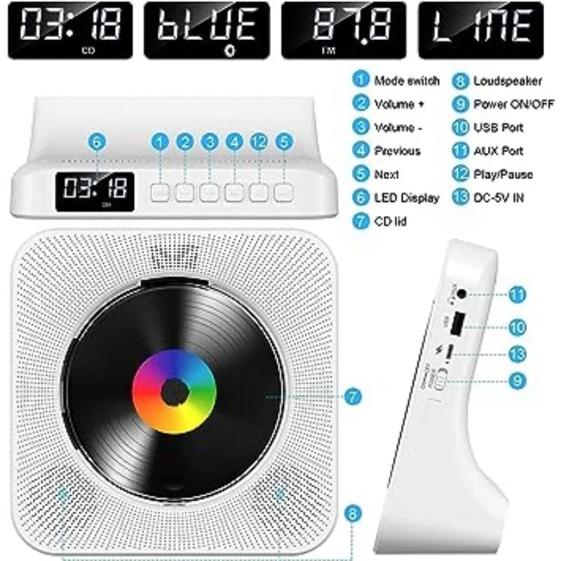 Qoosea Lecteur CD de bureau Bluetooth portable pour la maison avec minuterie Haut-parleurs HiFi inté