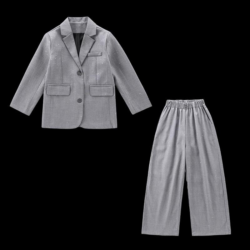 Design adolescente costume brillant ensemble noir gris Blazer + pantalon à jambes larges 2pc junior