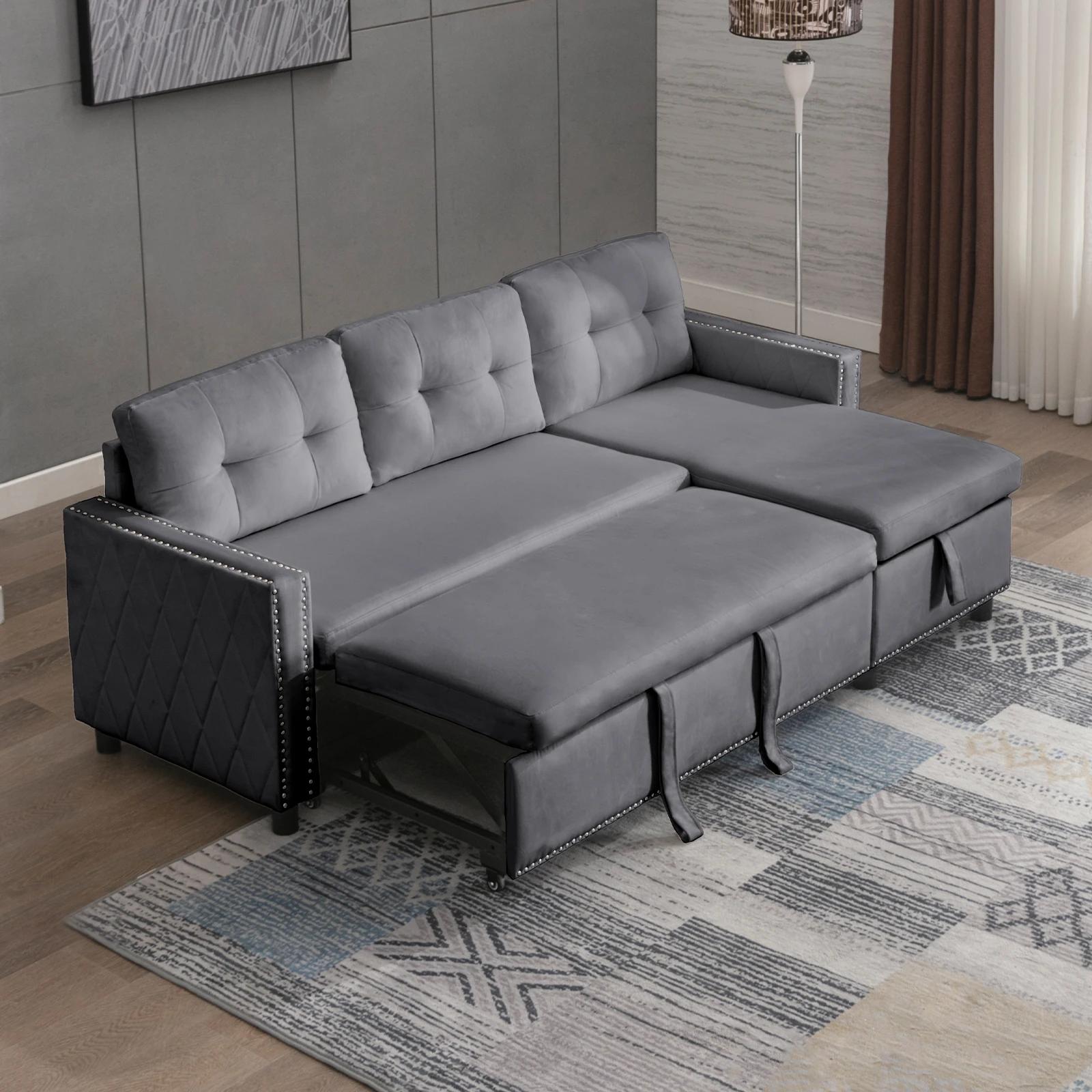HORGgland-Canapé convertible en forme de L avec chaise de rangement, canapé-lit en velours, canapé-l