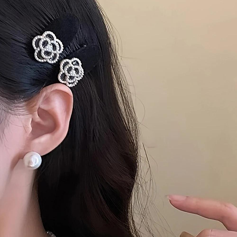 Pince à cheveux camélia de montagne pour femme, 2 pièces, élégante, perle, tempérament noir, Clip la