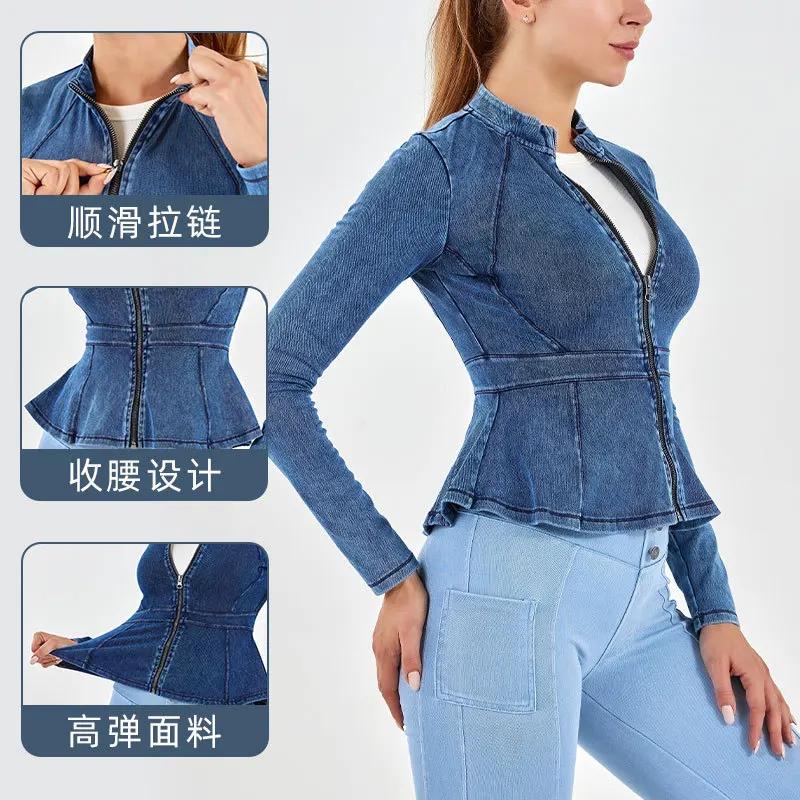 Veste en denim à fermeture éclair pour femme, manches longues, col haut, ourlet trapèze, minceur, yo