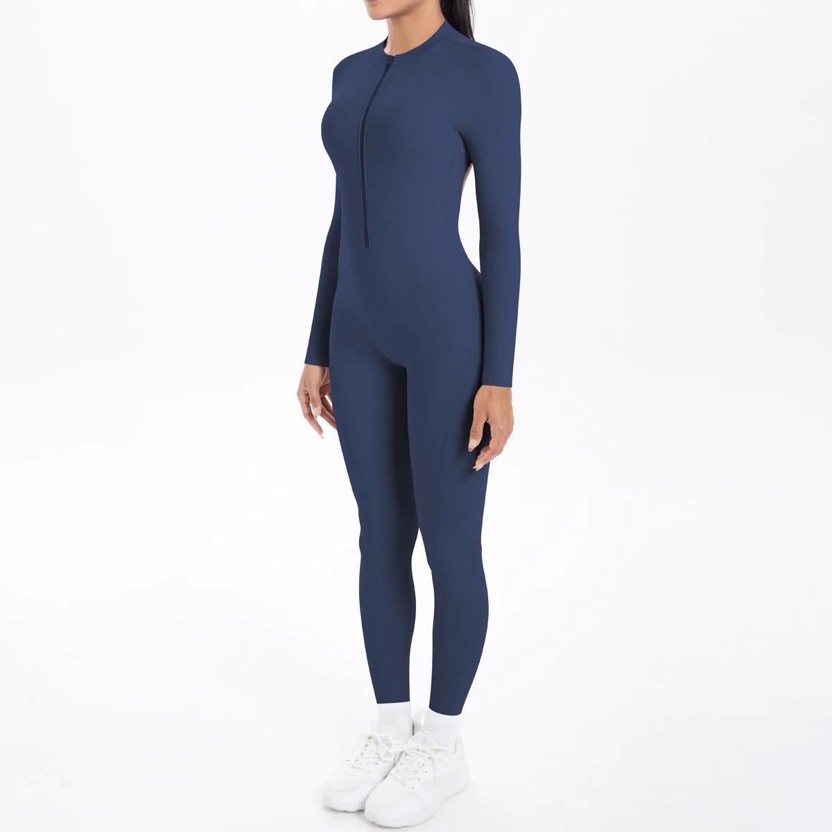 Body de couleur unie pour femmes, dos nu, manches longues, fermeture éclair, combinaisons de Yoga, h