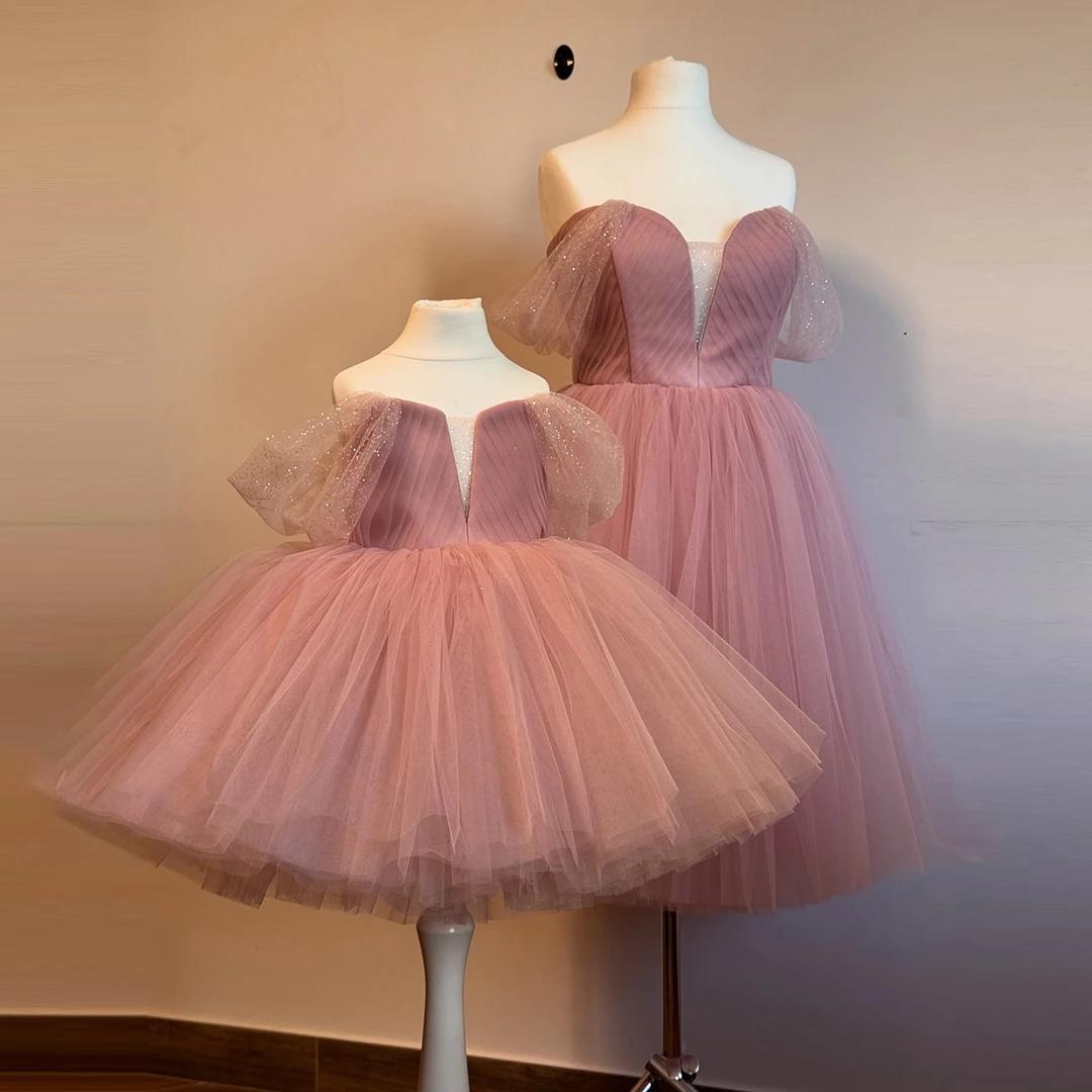 Robes trapèze en Tulle à volants rose poussiéreux, pour mère et fille, tenue de fête d'anniversaire,