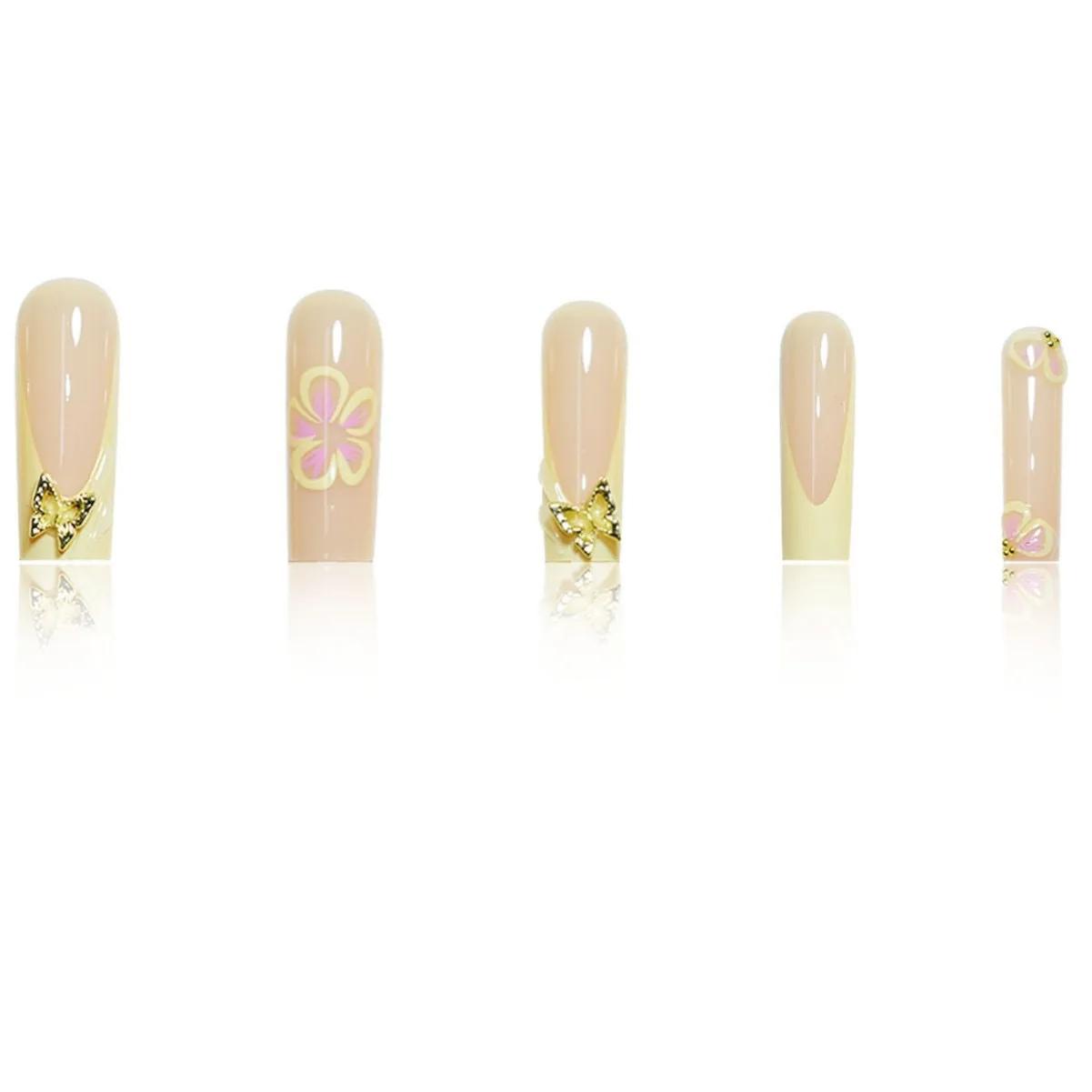 Faux ongles en forme de cercueil, longs et frais, jaune, Style français, fleur imprimée, motifs papi