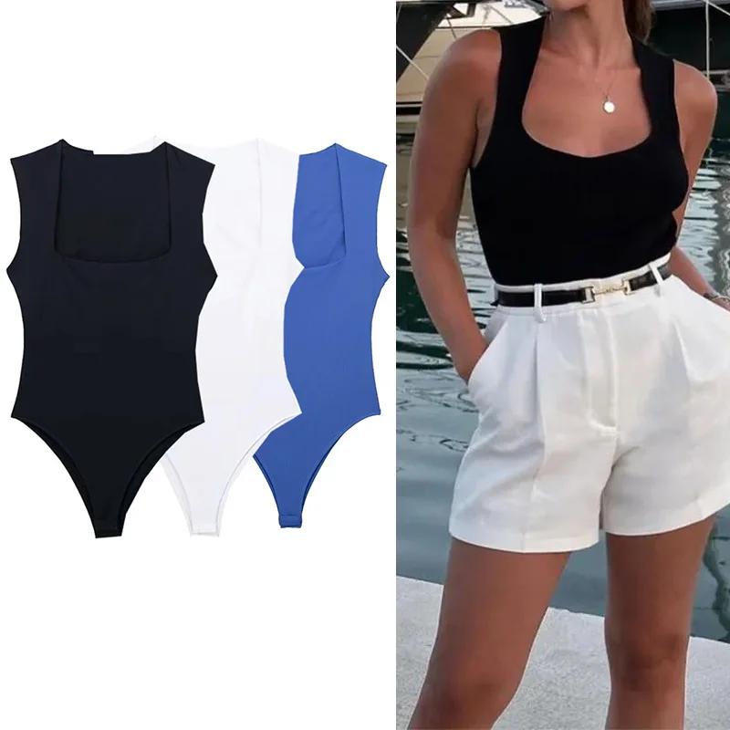 MUJER 2025 noir femme corps col carré sans manches Body femmes bleu blanc Sexy serré Body Lingerie m