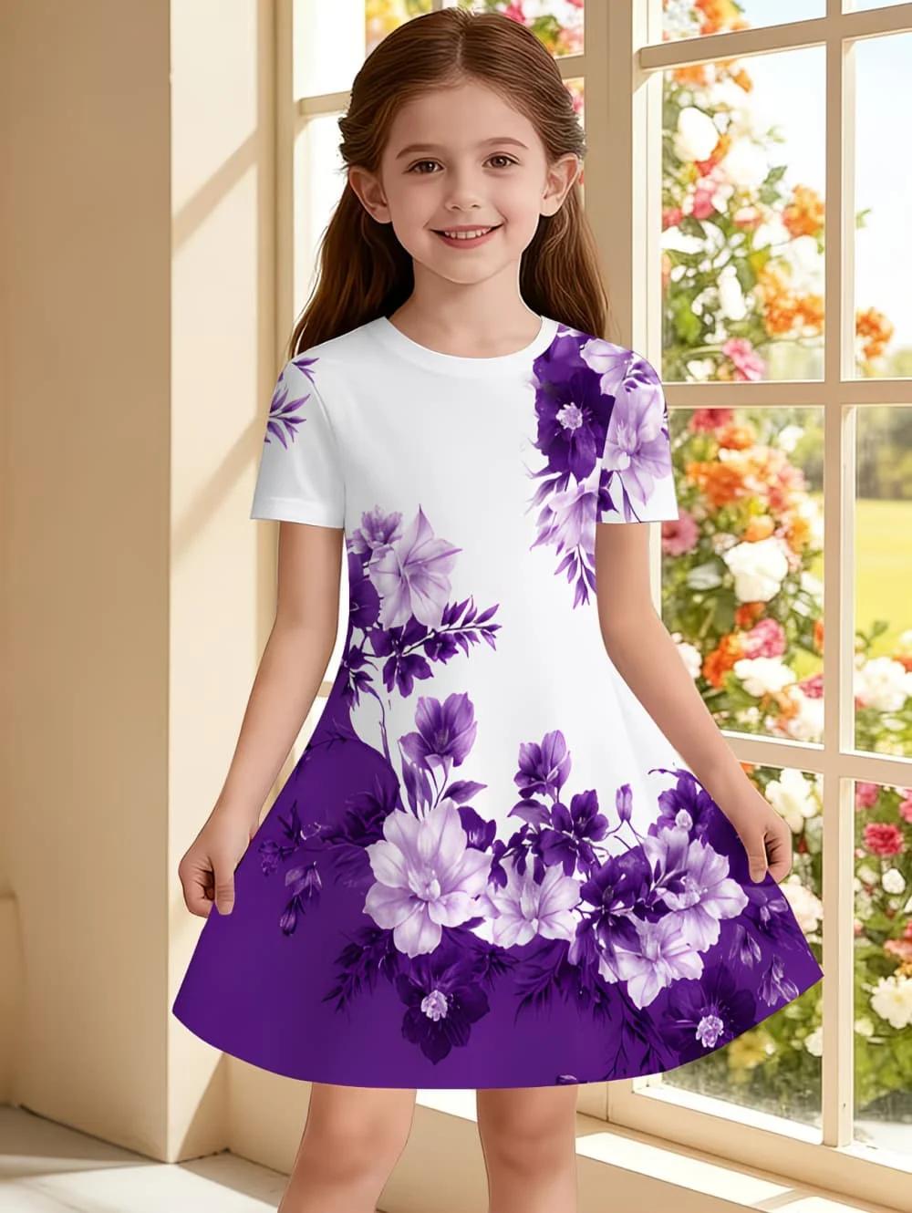 Robes pour filles, robe à manches courtes avec imprimé floral coloré, robe de princesse pour vacance